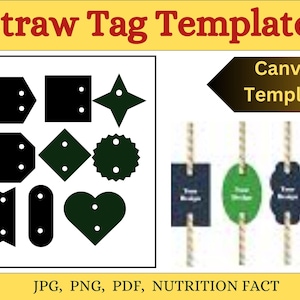 Straw Tag Template, Editable Straw Flags, Straw Label Template, Canva Straw Tag, Straw Tag SVG, Party Straw Tags Printable,  DIY Straw Tag.