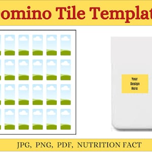 May include: A digital template for domino tiles, featuring a grid of rectangular spaces with a landscape design. The words "Domino Tile Template" are at the top. The image also includes a white rectangle with a yellow label that says "Your Design Here".