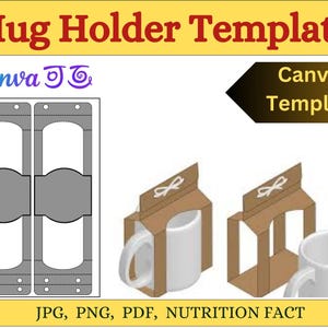 Op de afbeelding: Een sjabloon voor een mokhouder, met bovenaan de tekst "Mug Holder Template". De afbeelding bevat een ontwerp voor een mokhouder en voorbeelden van hoe de houder eruit zou zien met een mok erin. De afbeelding bevat ook de tekst "Canva Template".
