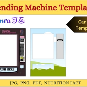 Puede incluir: Una plantilla para un diseño de máquina expendedora. La plantilla presenta una máquina expendedora marrón y negra con un rectángulo blanco para la visualización del producto y un botón que dice "PUSH HERE". La segunda máquina expendedora es gris y blanca con un cielo azul y un fondo de hierba verde. El texto "000" se muestra en la máquina expendedora.