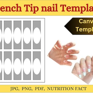 Pode incluir: Um modelo imprimível para unhas com ponta francesa. O modelo tem 10 formas de unhas com contornos brancos sobre um fundo cinza. O modelo é rotulado como "Modelo Canva".