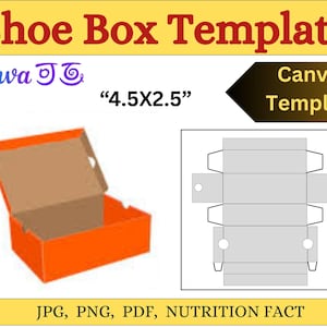 Puede incluir: Una plantilla para una caja de zapatos, con un tamaño de 4,5 por 2,5 pulgadas. La plantilla se muestra como un diseño plano, con la caja doblada en su forma 3D a la izquierda. La plantilla está etiquetada como "Plantilla Canva".