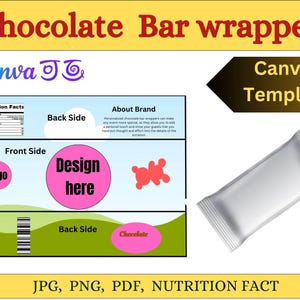 May include: A template for a chocolate bar wrapper with a design space, nutrition facts, and a back side. The template is in a light blue, green, and pink color scheme. The text "Design here" is in a pink circle. The text "Chocolate" is in a pink oval. The text "Nutrition Facts" is in a white rectangle. The text "Back Side" is in a white rectangle. The text "About Brand" is in a white rectangle. The text "Logo" is in a white circle. The text "Front Side" is in a white rectangle. The text "JPG, PNG, PDF, NUTRITION FACT" is in a yellow rectangle.