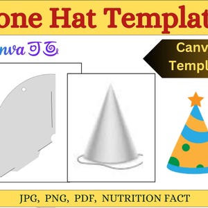Peut inclure: Un modèle imprimable pour faire un chapeau de fête en forme de cône. Le modèle comprend un motif pour le chapeau et une représentation visuelle du chapeau fini. Le texte "Canva Template" est visible sur l'image.