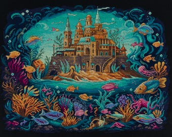 Sea Kingdom Embroidery Kit, Advanced Ocean Marine Life Cross Stitch Needlework (42.5x33 cm)