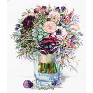Counted Cross Stitch Kit &quot;Bouquet with Anemones&quot;, Floral embroidery, Embroidery kit, Gift for crafters, Handmade home decor