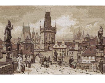Prague Charles Bridge Cross Stitch Kit, European Cityscape Embroidery, Golden Collection Needlework, Travel Decor