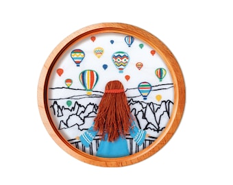 See Cappadocia Satin Stitch Embroidery Kit, Woman on Balcony Hand Embroidery, Hot Air Balloon DIY Decor