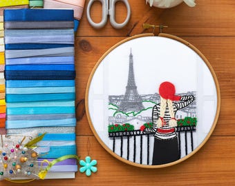 Paris Balcony Embroidery Kit, Woman City View Satin Stitch Decor