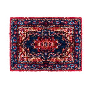 Peut inclure: Un tapis rectangulaire avec un motif détaillé dans les tons de rouge, de bleu et de beige. Le tapis a un bord à franges et un motif de médaillon central. Le motif complexe est visible sur toute la surface du tapis.