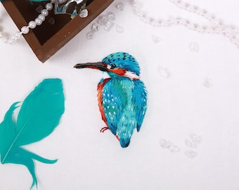 Kingfisher Satin Stitch Kit for Clothes PANNA, Bird Embroidery DIY, Colorful Animal Design