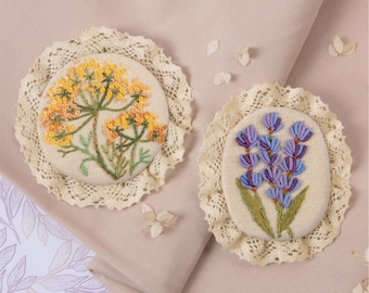 Vintage Botanical Embroidery Brooch Kit, Lavender Fennel Satin Stitch, Cottagecore Jewelry