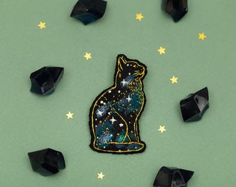 Cosmic Cat Embroidery Brooch Kit, Celestial Galaxy Pet Pin, Satin Stitch Craft