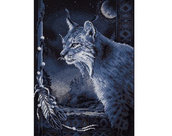 Lynx Cross Stitch Kit, Mystical Forest Monochrome Wildlife Art, Intermediate DIY Embroidery