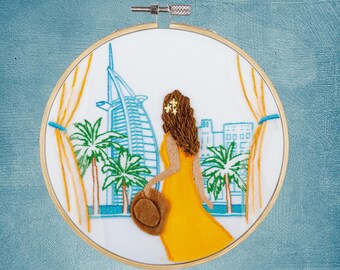 Dubai Satin Stitch Embroidery Kit, Woman Balcony City View DIY Decor
