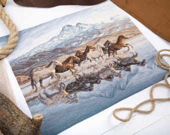 Cross Stitch Kit Running on Waves, Elegant Horse Embroidery, Seaside Needlework, PANNA Gold Collection