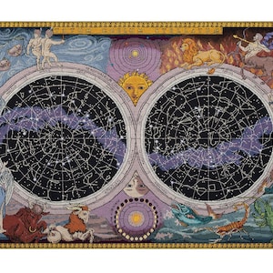 Kit de punto de cruz "Mapa del Cielo Nocturno" de Panna. Bordado de cielo nocturno. Decoración de mapa vintage. Regalo para bordadores expertos. Decoración del hogar hecha a mano.