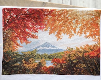 Kit de punto de cruz del Monte Fuji: Bordado de paisaje japonés (40 x 26,5 cm)