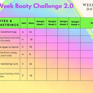 Peut inclure: Un programme d'entraînement de 8 semaines pour le fessier, axé sur les fessiers et les ischio-jambiers. Le programme comprend des exercices tels que les goodmornings à la barre, les extensions du dos lestées, l'hyper-extension inversée sur banc, les fentes à la machine Smith, les curls des ischio-jambiers assis et les donkey kicks avec bande de résistance. Le programme comprend des séries, des répétitions et des recommandations de poids pour chaque exercice pour les semaines 1 à 4.