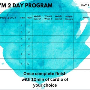 Peut inclure: Un fond aquarelle turquoise avec un tableau à grille noire. Le tableau a le texte "GYM 2 DAY PROGRAM" en haut et "DAY 1" en haut à droite. Le tableau a les titres "UPPER BODY", "Sets", "Reps", "Weight Week 1", "Weight Week 2", "Weight Week 3", "Weight Week 4", et "Notes". Le tableau a des nombres dans les colonnes "Sets" et "Reps". Le texte "Once complete finish with 10min of cardio of your choice" est en bas du tableau.