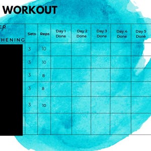 Könnte beinhalten: Ein blaues und weißes Trainingsplan mit dem Titel "GYM WORKOUT" und dem Text "SHOULDER REHAB & STRENGTHENING". Die Tabelle hat Spalten für Sätze, Wiederholungen und Tage 1 bis 6. Die Tabelle ist dazu gedacht, den Fortschritt eines Schulter-Reha- und -Stärkungstrainings zu verfolgen.