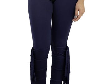 Leggings azul marino de cintura alta con detalle de lazo en el tobillo, pantalones elásticos para mujer, pantalones casuales sin bolsillos