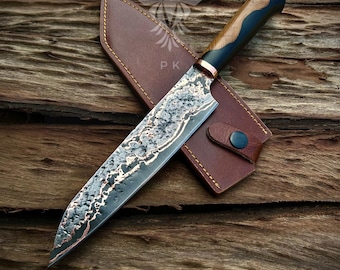 Handgeschmiedetes Kupfer Damast Gyuto Kochmesser mit Olivenholz-Griff & Kupfer-Kragen
