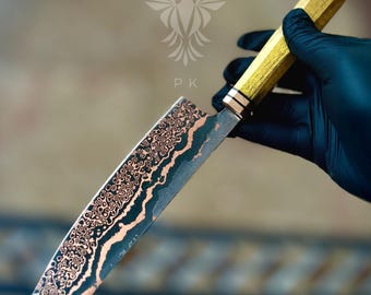 Hand Forged Copper Damascus Gyuto Chef Knife with Mulberry wood & Double Copper Bolster