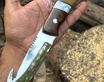 Handmade Gut Hook Skinner Knife, Rosewood Handle, Leather Sheath