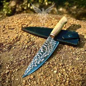 Hand Forged Copper Damascus Santoku Chef Knife with Neem wooden Handle & Copper Bolster