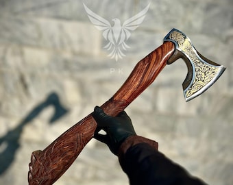 Hacha vikinga tallada a mano con mango de lobo de acero de alto carbono para bushcraft