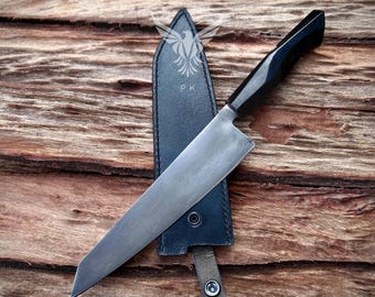 Cuchillo de chef japonés Santoku hecho a mano: acero de alto carbono 5160, mango de cuerno de toro