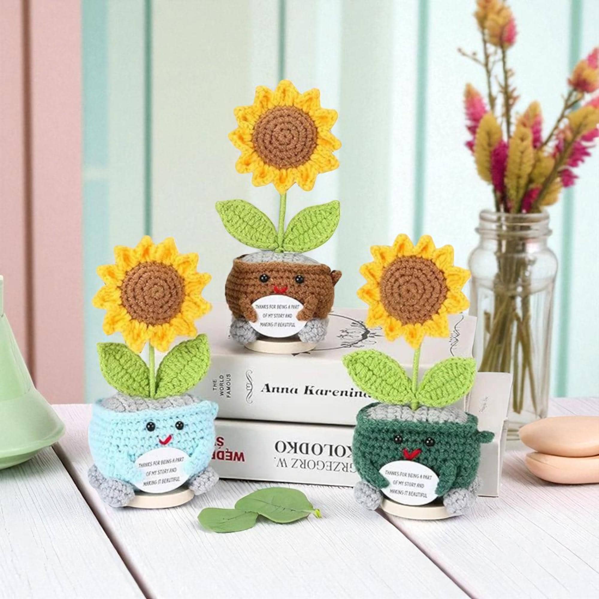 Emotion Support Sunflower Dumpster Fire,Cute Knitted Sunflower Potted, Hand Woven Crochet Dumpster Fire Decor, Decorative Artificial Flower