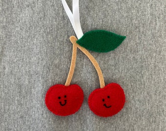 Cherries Christmas Ornament in Red Felt Holiday Home Decor Kawaii Style