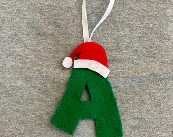 Initial letter ornament with a Santa hat in green felt holiday home decor monogram alphabet