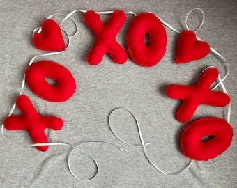 Valentines Day Garland with Red Hearts and Bubble XO letters Holiday Home Decor Hugs and Kisses