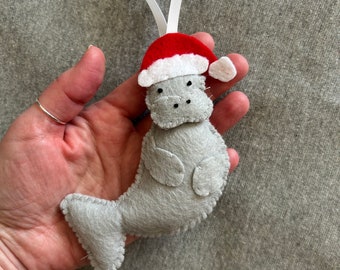 Manatee with Santa Hat Christmas Ornament in Gray Felt Holiday Home Decor