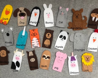 Finger Puppets Animals Narwhal, Tiger, Dog, Koala, Walrus, Cow, Pig, Elephant, Unicorn, Monkey, Bear, Dog, Cat, Sloth, Lion, Penguin, Monkey