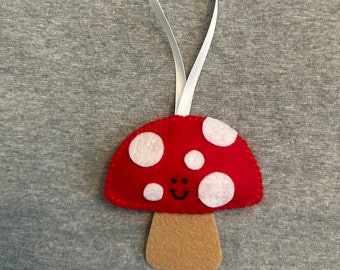 Mushroom Christmas Ornament in Red and Tan Felt Holiday Home Decor Kawaii