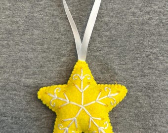 Star Christmas Ornament embroidered and beaded Holiday Home Decor in Yellow