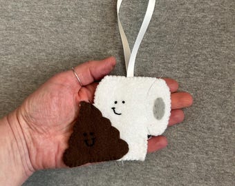 Hand Stitched Poop Emoji & Toilet Paper Ornament