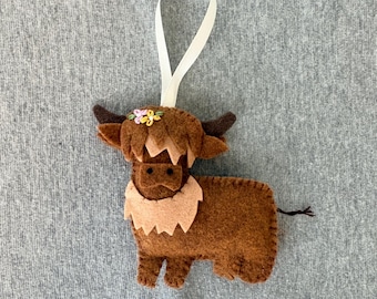 Handmade Felt Highland Cow Ornament  Cute Brown Cow Christmas Tree Decoration Farmhouse Holiday Decor