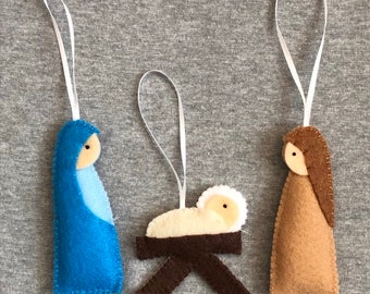 Nativity Felt Ornaments with Mary, Joseph and Baby Jesus Christmas Decor Holidays