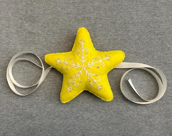 Star Christmas Tree Topper in Yellow Felt embroidered and beaded holiday home decor