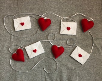 Valentines Day Garland with Red Hearts and White Valentine Envelopes Holiday Home Decor