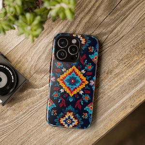 Boho Tribal Fall iPhone 17 16 15 14 Samsung S26 S25 S24 S23 Pixel 9 8 7 Ikat Phone Cover Southwestern Diamond Navy Teal Magenta Tough Case