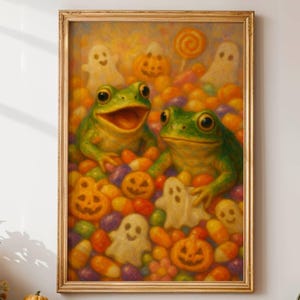 Whimsical Halloween Frog Art Printable – Candy Surprise with Pumpkins and Ghosts | 5 Sizes Included