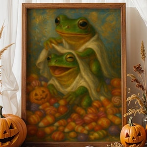Cute Frog Halloween Printable – Kawaii Ghost Brothers with Candy | Whimsical Frog Wall Art Gift