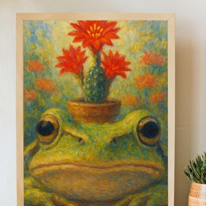 Kaktus Frosch Kunstdruck | Fröhliches Botanisches Poster | Lebendige Wanddekoration | Impressionistische Frosch Illustration | Mattes Poster gerollt
