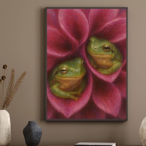 Frosch Kunstdruck | Dahlie Blumen-Wand-Dekor | Poster Frosch mit Pflanzenmotiv | Impressionistische Frosch-Kunst | Gerollt matt Poster gedruckt